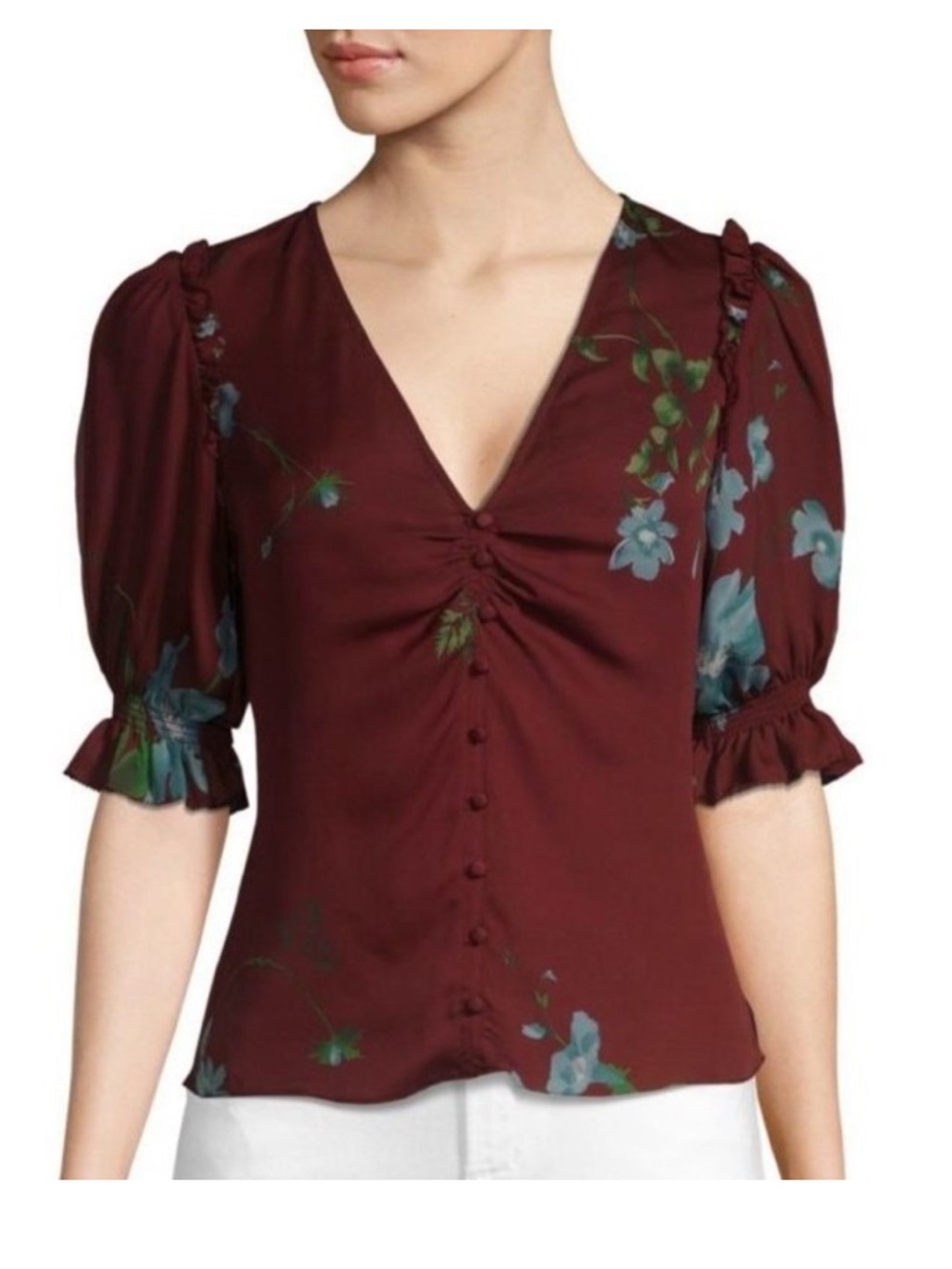 Joie Burgundy Anevy silk Floral V-Neck Puff Sleeve Blouse size M NWT - Picture 2 of 6